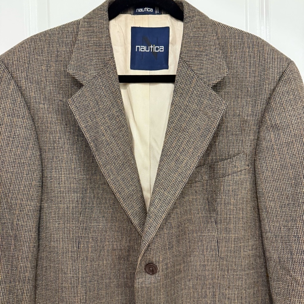 Vintage Nautica Men's Textured Tan Blazer Sport Coat Size 43L Lambswool Classic